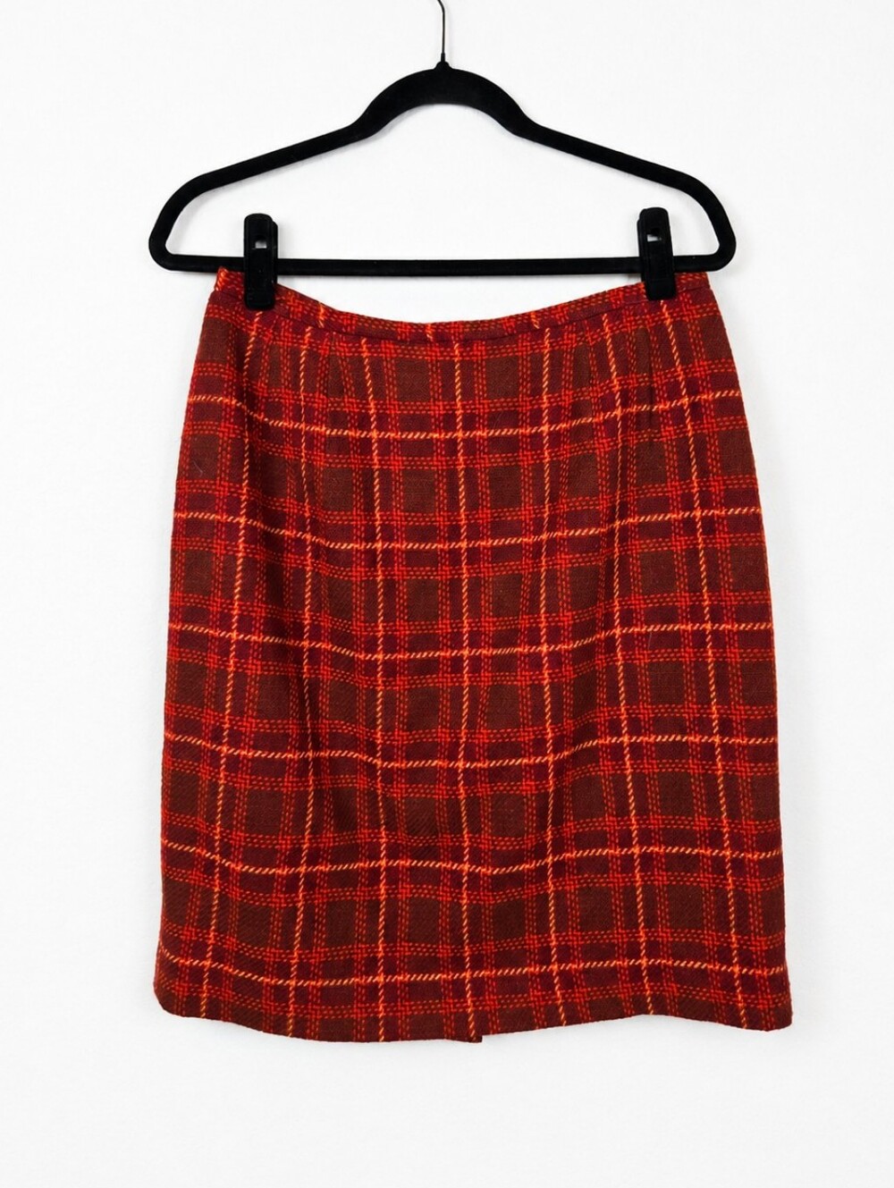 VTG Harvé Benard 100% Wool Plaid Pencil Skirt Burgundy Orange Size 12 Preppy